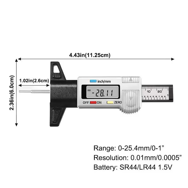 Digital Däckmönsterdjupsmätare 0-25.4mm Tum med Stor LCD-Display